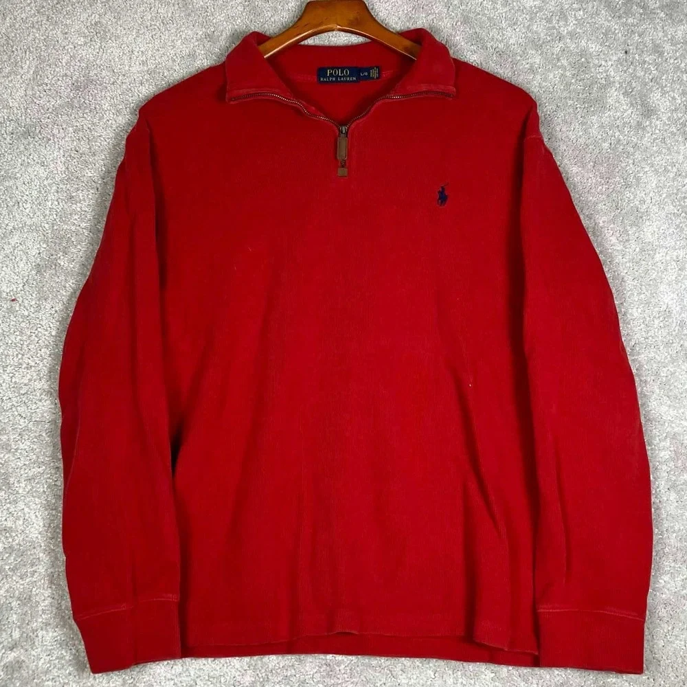 Polo Ralph Lauren Quarter 1/4 Zip Pullover Mens L Red Cotton Ribbed Sweater